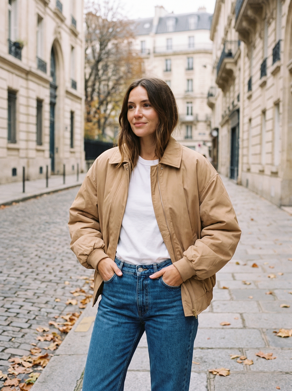 Nina Bomber Camel gedragen door model