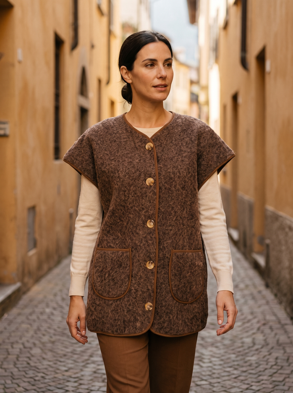 Tess Gilet Bruin gedragen door model