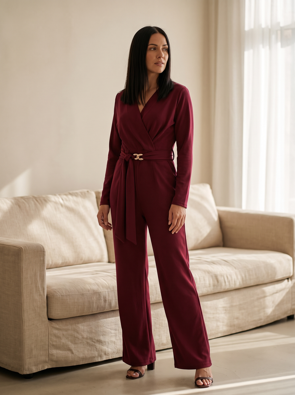 Merel Jumpsuit Bordeaux gedragen door model