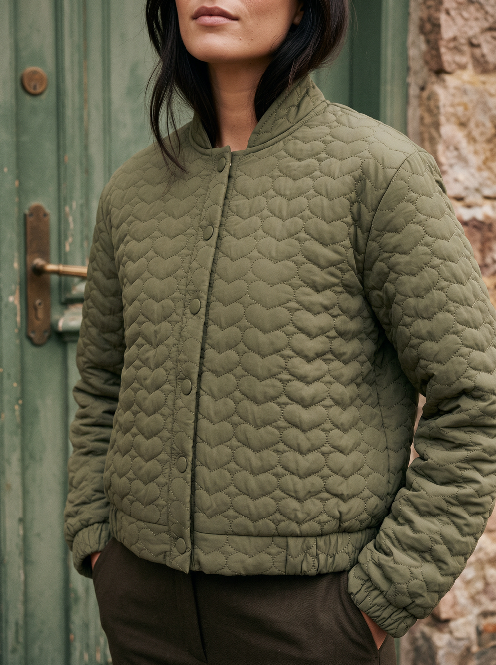 Sara Bomber Groen detailfoto gedragen