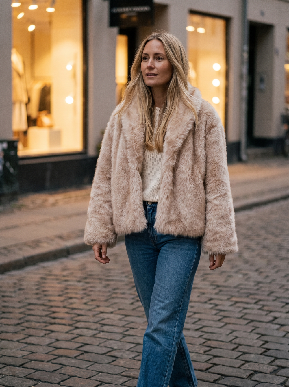 Romy Faux Fur Jas Beige gedragen door model