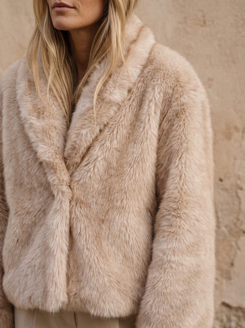 Romy Faux Fur Jas Beige detailfoto gedragen