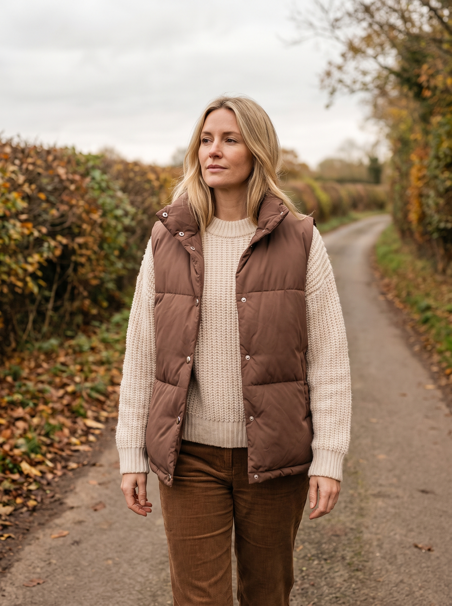 Eva Bodywarmer Bruin gedragen door model