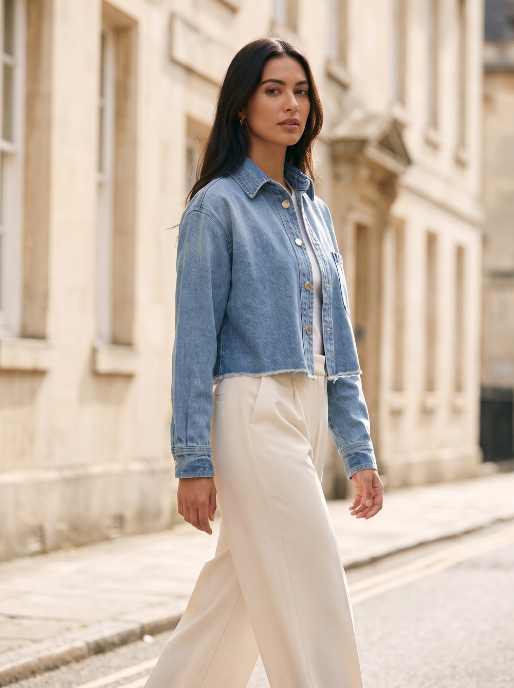 Kiki Spijkerjas Cropped Blauw gedragen door model