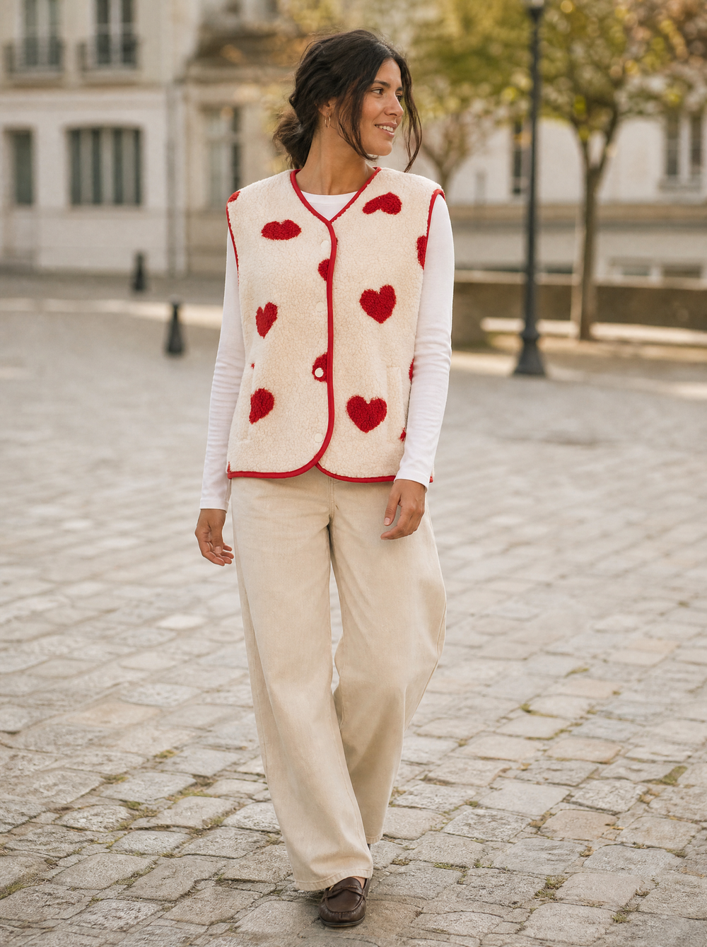 Puck Gilet Wit Hart gedragen door model