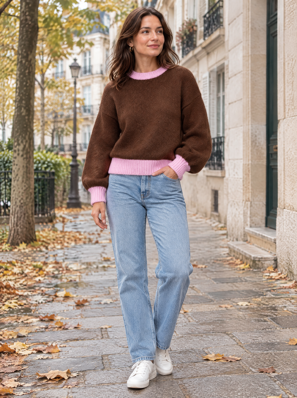 Floor Colourblock Trui Bruin/Roze gedragen door model