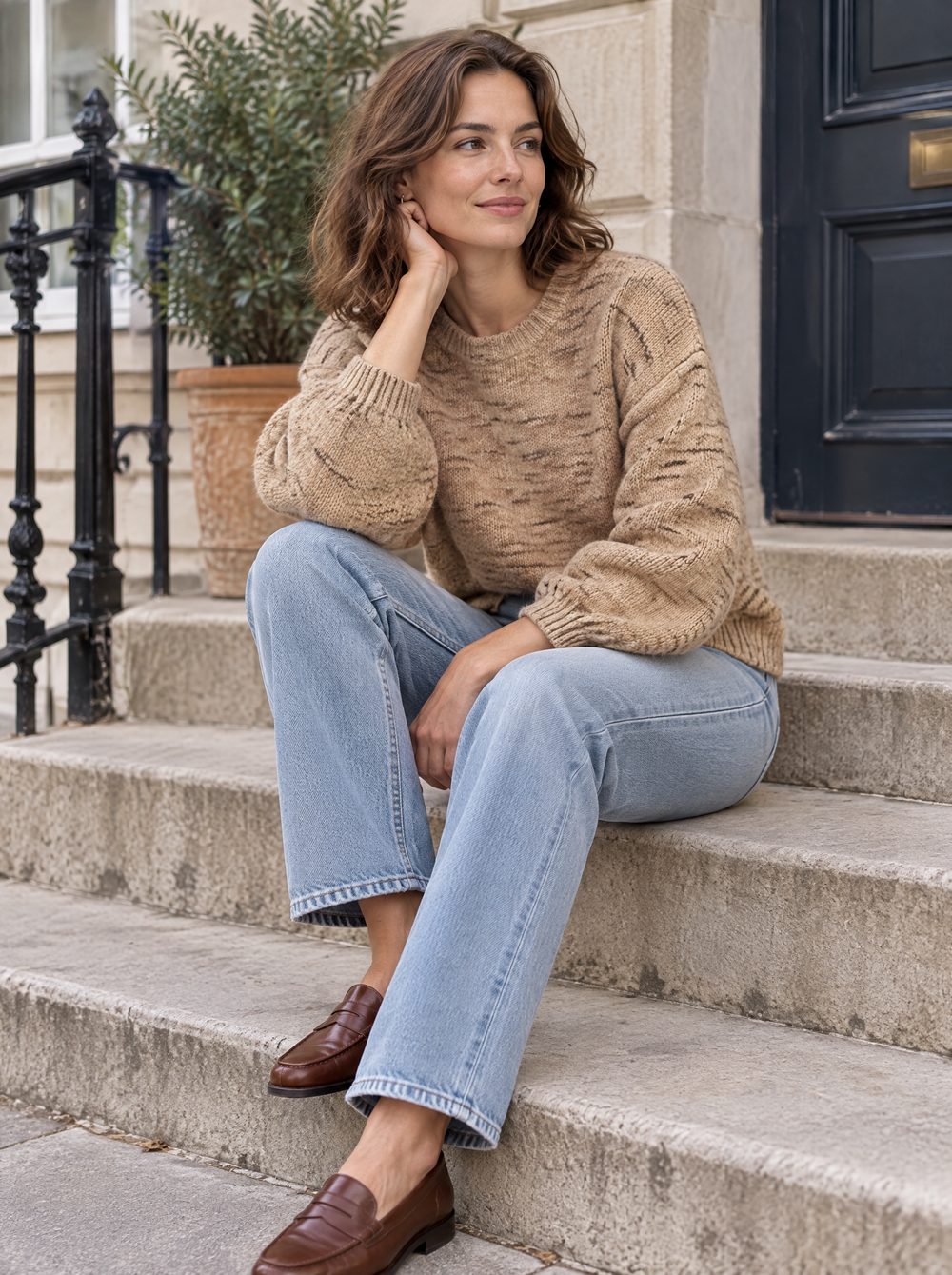 Nienke Mêlee Trui Beige gedragen door model