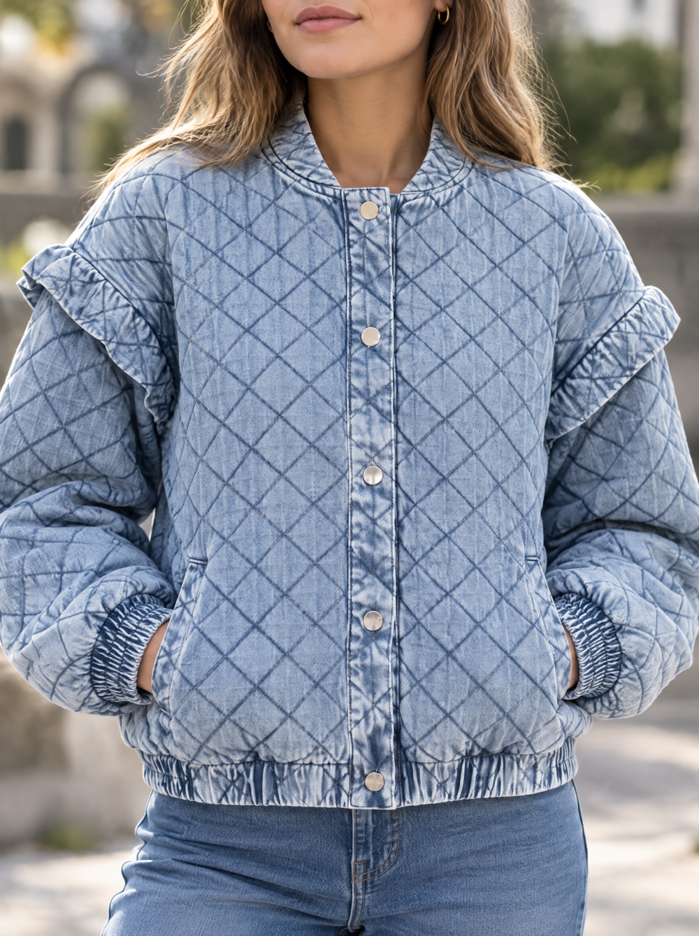 Tessa Gewatteerd Spijkerjack detailfoto gedragen
